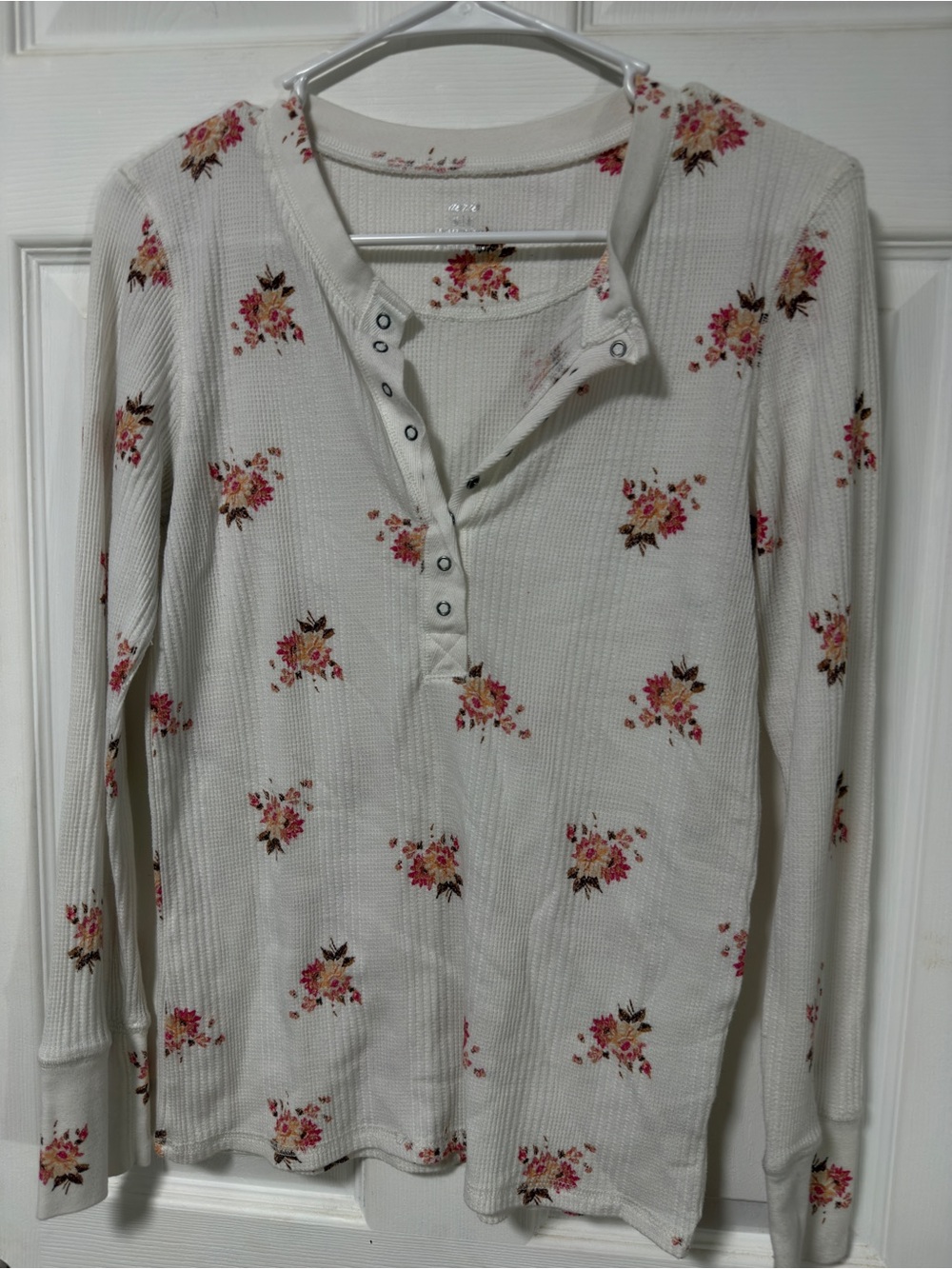 aerie Cream Long Sleeve Henley Top with Pink Floral Print